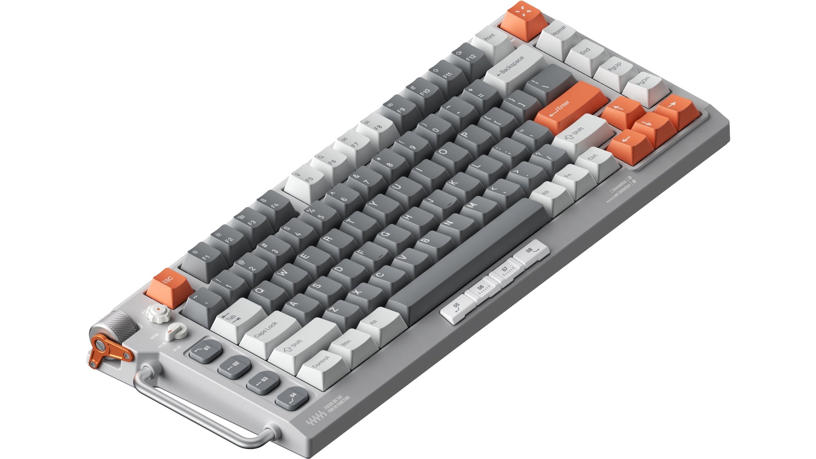 Bàn phím cơ Nuphy Field75 HE phong cách cyberpunk với tông màu cam xám và nhiều núm xoay