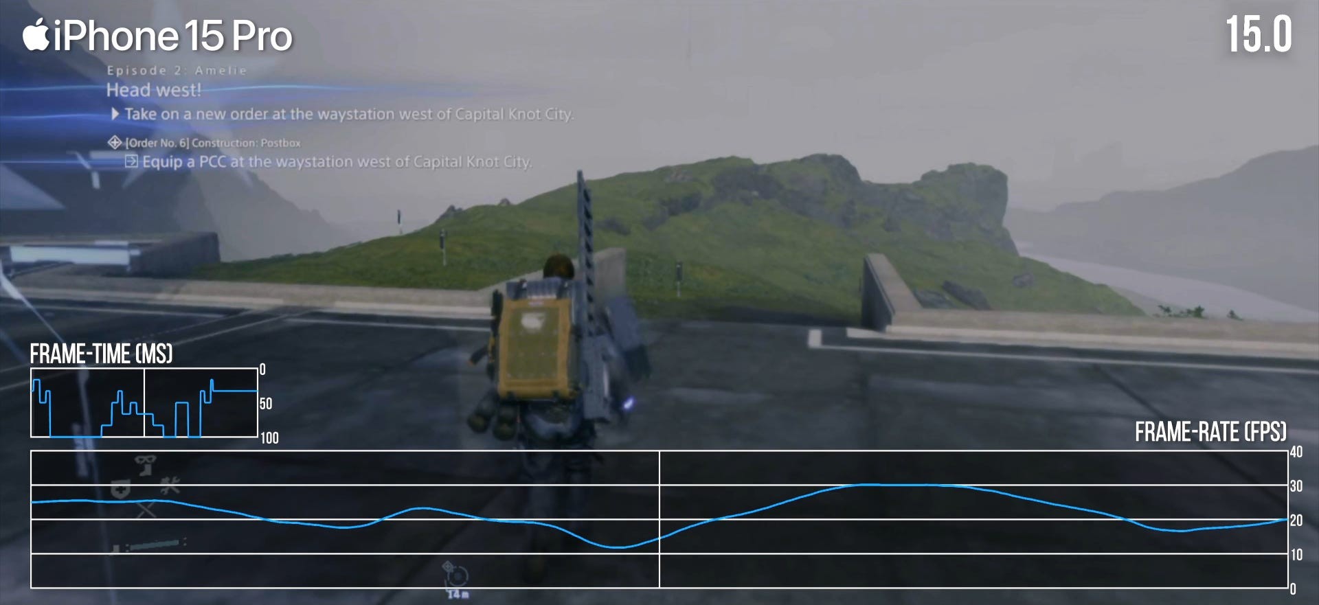 Biểu đồ thể hiện hiệu năng Death Stranding trên iOS với mục tiêu 30fps nhưng có nhiều điểm tụt khung hình