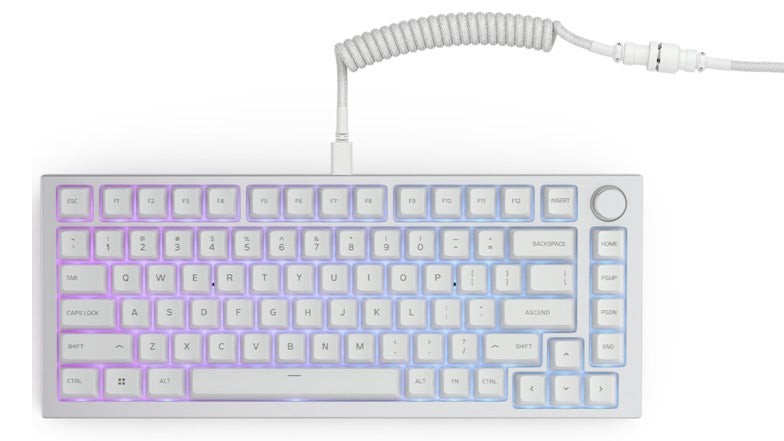 Glorious GMMK Pro màu trắng với núm xoay bạc và keycap trắng/xám