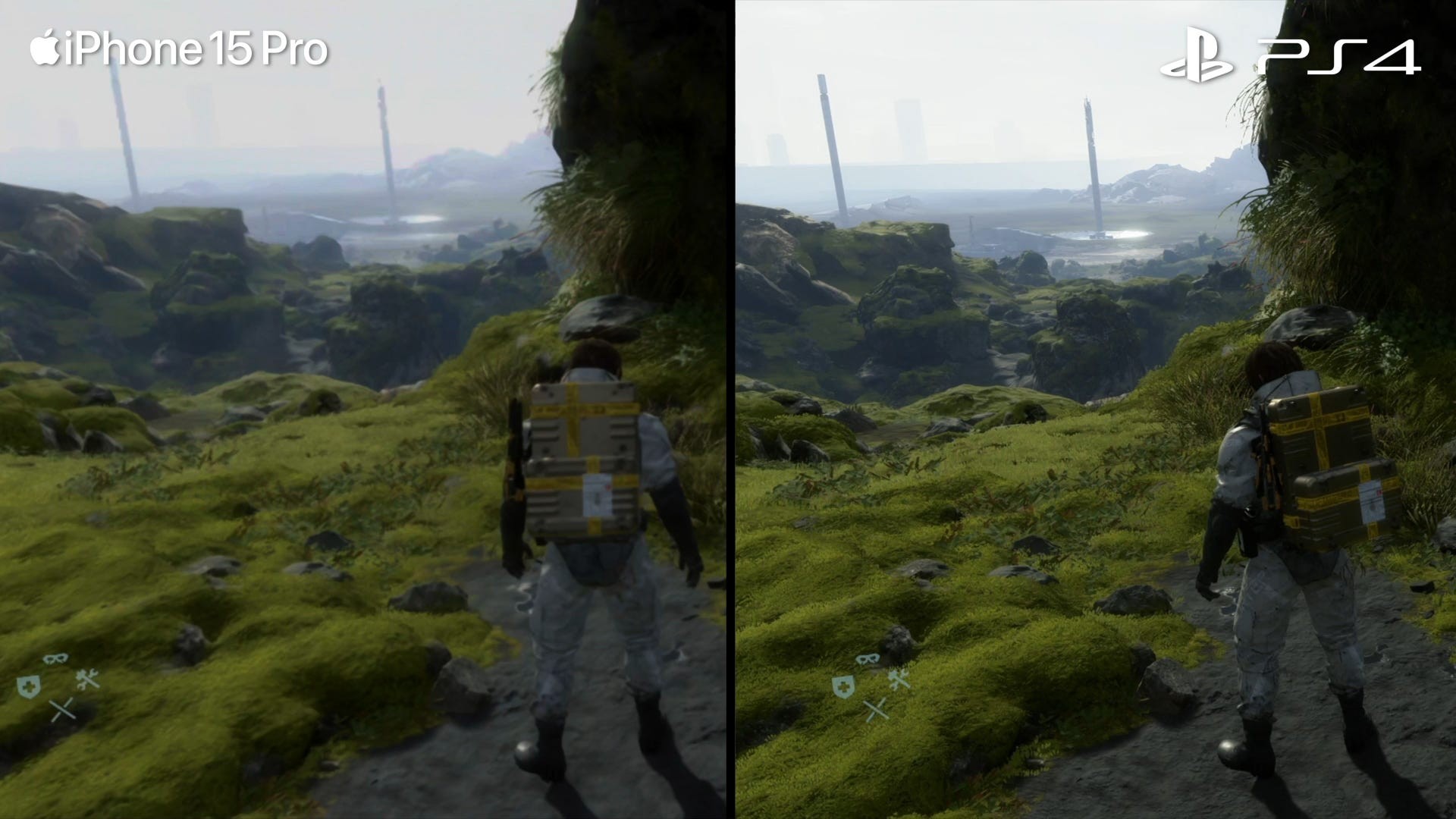 Nhân vật Sam Bridges trong Death Stranding trên iPhone 15 Pro đang di chuyển trong môi trường núi đá