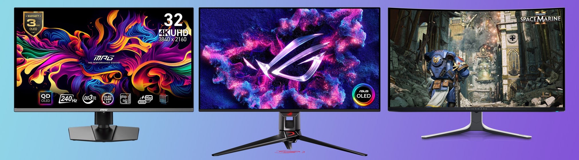 So sánh trực diện Asus PG32UCDM (giữa), Dell AW3225QF (phải) và MSI MPG 321URX (trái)
