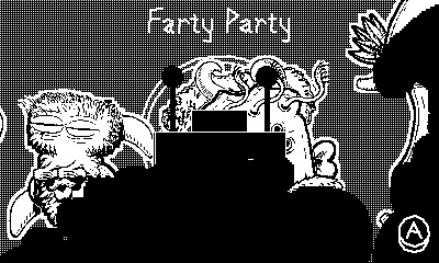 A community centre gathering of the Farty Party in Mars After Midnight - various aliens hanging out in front of the silhouette of a robot.