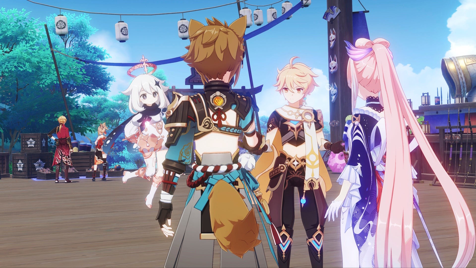 Aether và Paimon trò chuyện cùng Gorou và Kokomi tại Inazuma trong Genshin Impact