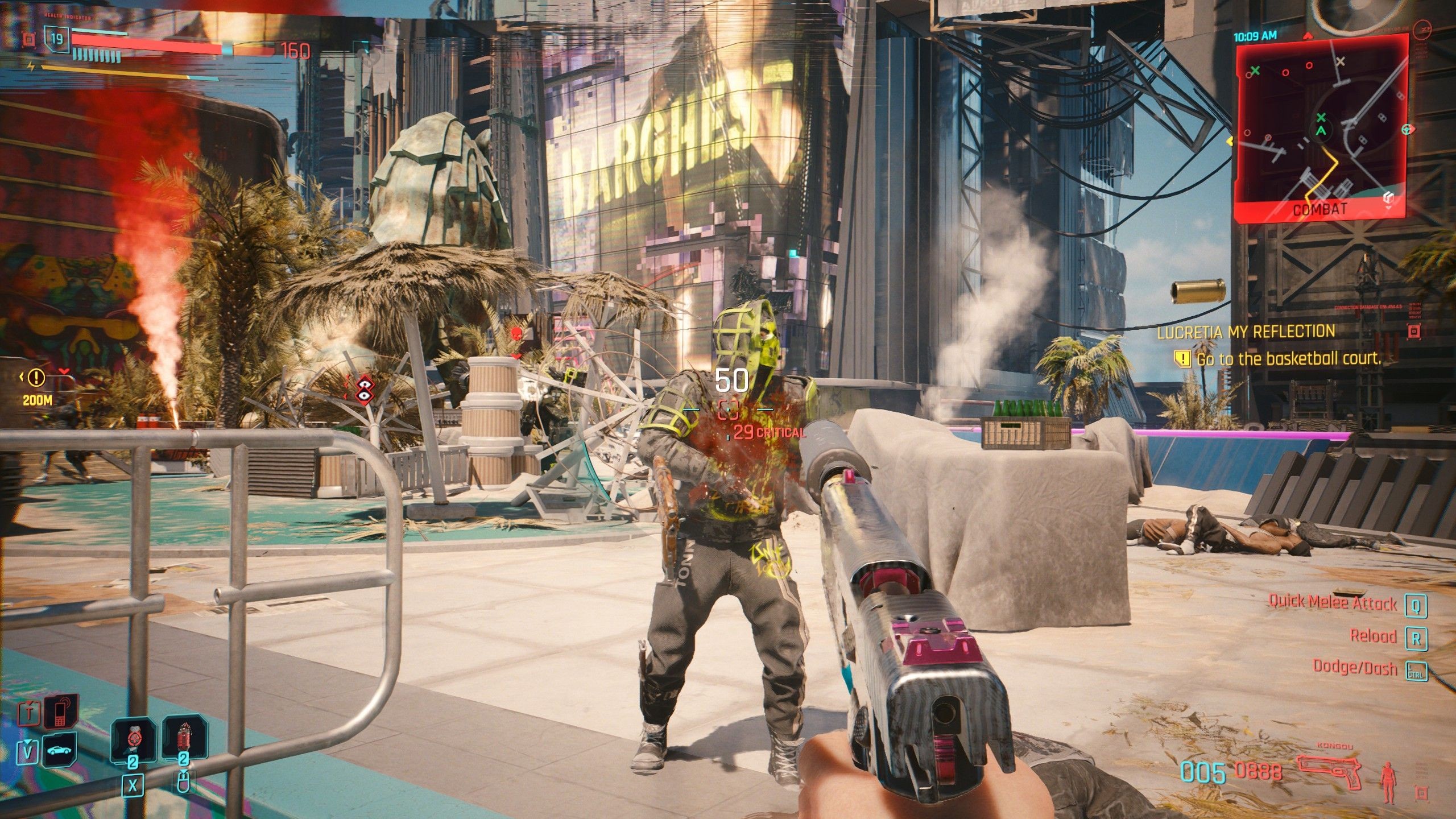 Ảnh chụp màn hình Cyberpunk 2077 Phantom Liberty cho thấy cảnh chiến đấu bằng súng ngắn trên đường phố nắng chói của Dogtown
