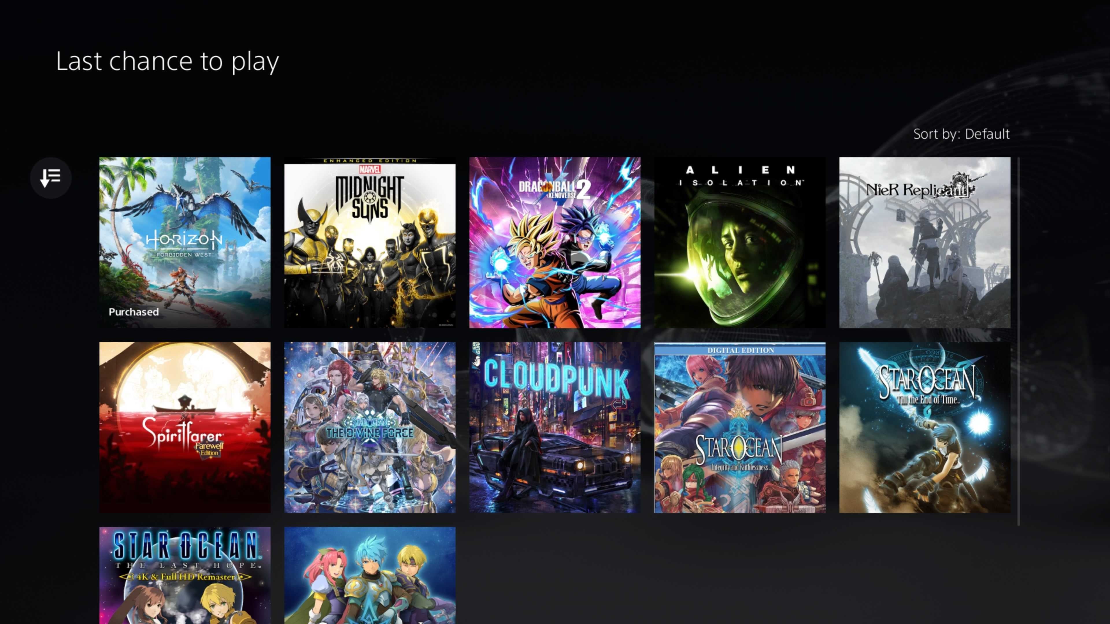 Ảnh chụp màn hình mục Last Chance to Play trên PS Plus hiển thị Horizon Forbidden West và các game khác sắp bị gỡ