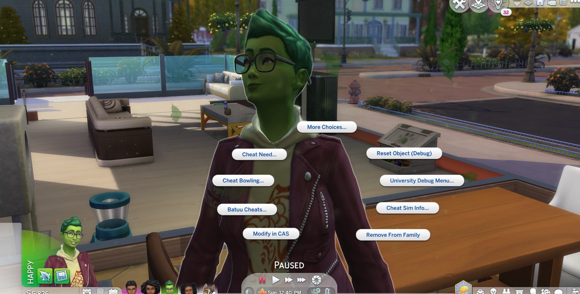 Ảnh chụp màn hình The Sims 4 hiển thị menu xuất hiện khi Shift-Click vào một Sim, với các tùy chọn như Reset Object, Add to Family, Cheat Need...