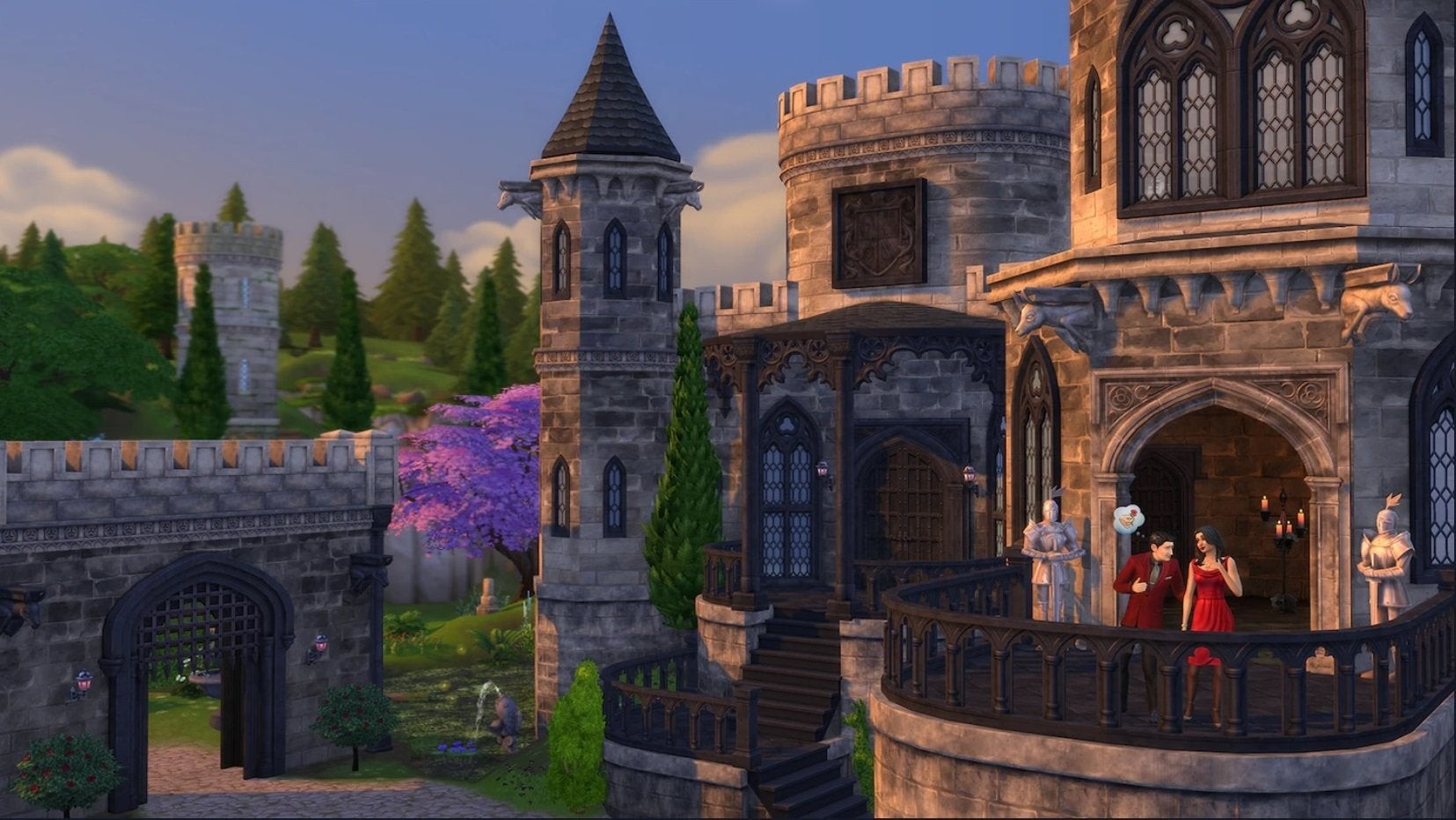 Ảnh chụp màn hình từ The Sims 4 Castle Estate Kit với các vật phẩm xây dựng lâu đài