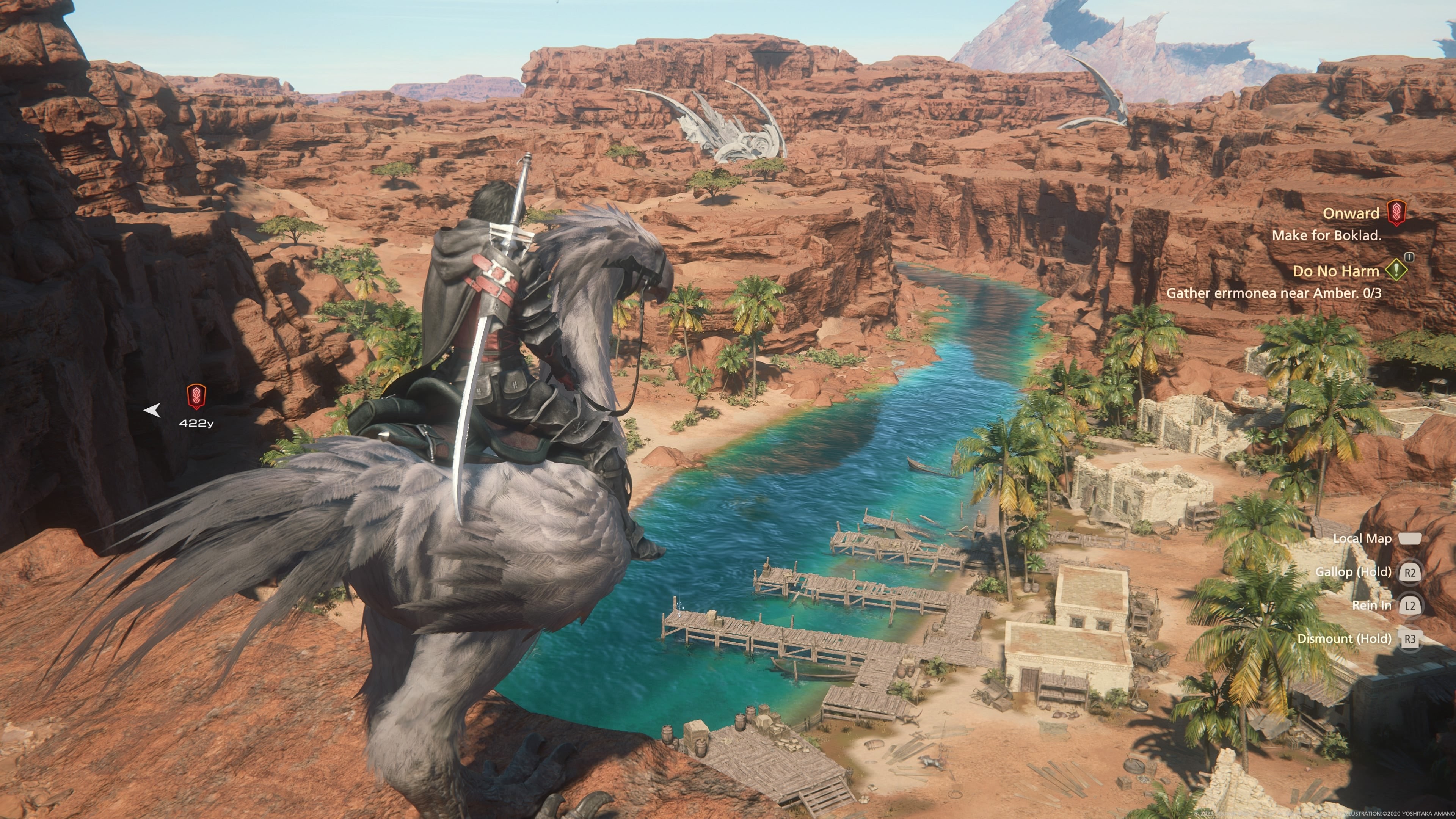 Ảnh chụp từ trò chơi Final Fantasy 16, Clive, nhân vật chính, ngồi trên một Chocobo nhìn ra một con sông màu ngọc lam sáng trong sa mạc