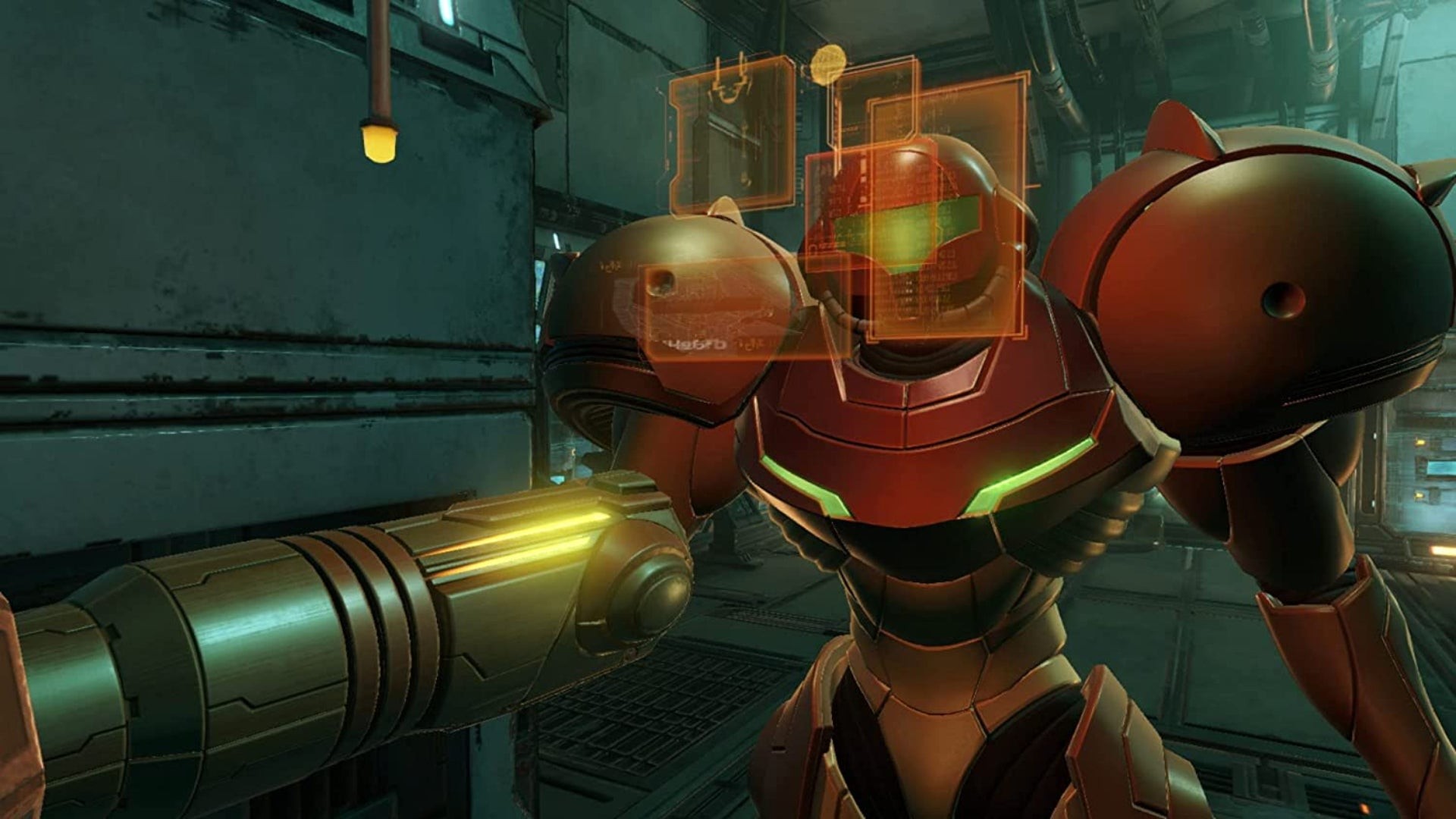 Ảnh chụp từ trò chơi Metroid Prime Remastered, Samus nhìn vào một giao diện holographic