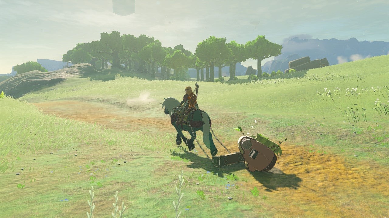 Ảnh chụp từ trò chơi The Legend of Zelda: Tears of the Kingdom, Link trên một con ngựa
