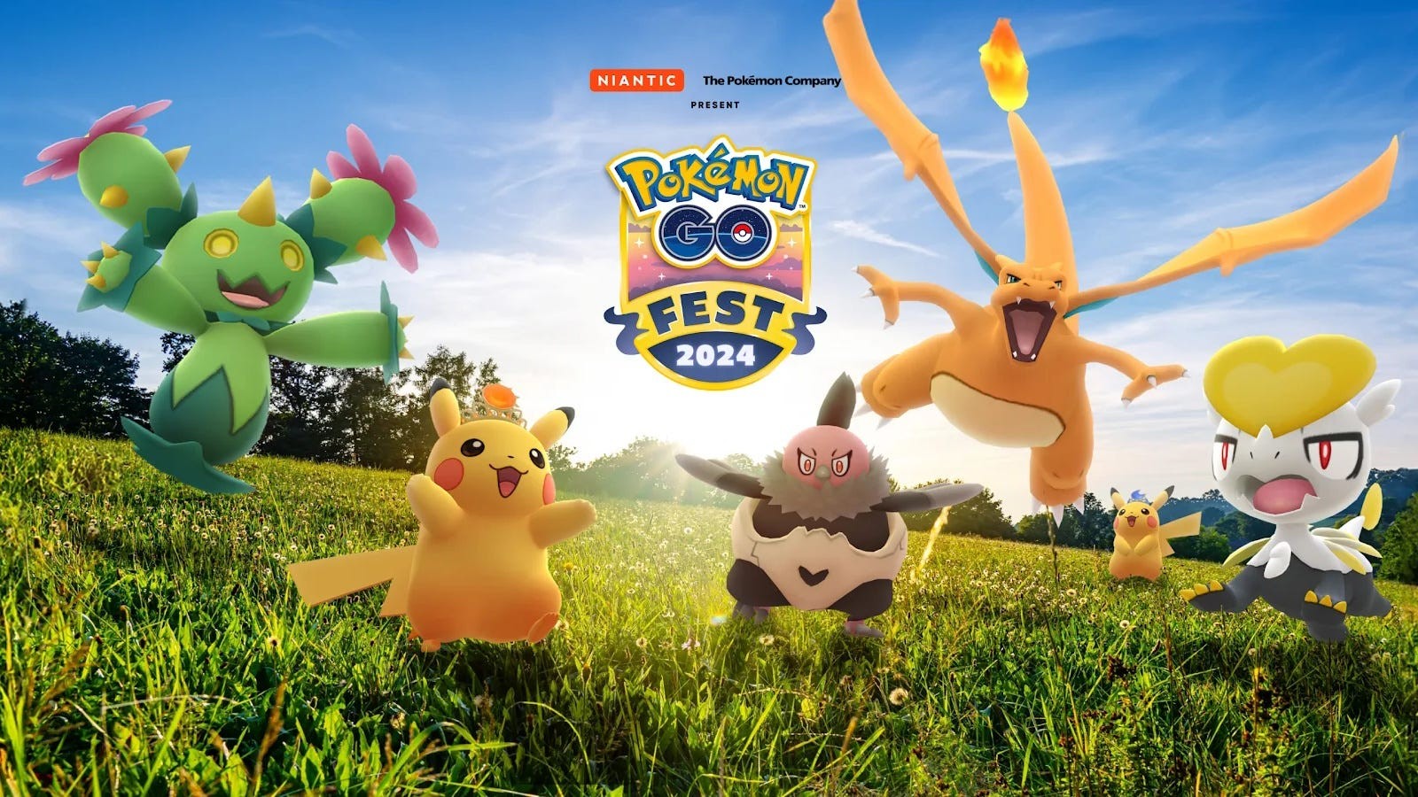 Ảnh quảng cáo chính thức Pokémon Go Fest 2024 với Pikachu và Charizard