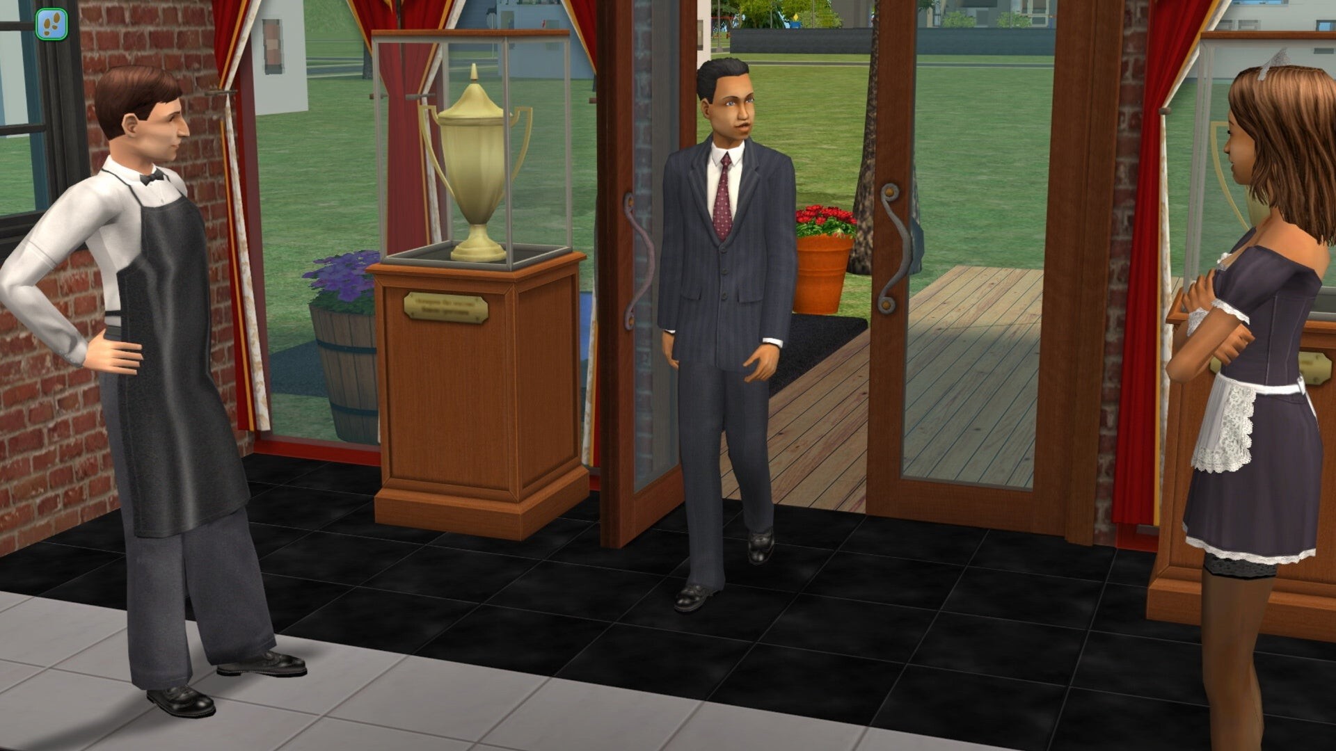 Ảnh quảng cáo The Sims 2 với nhân viên quán cà phê và doanh nhân