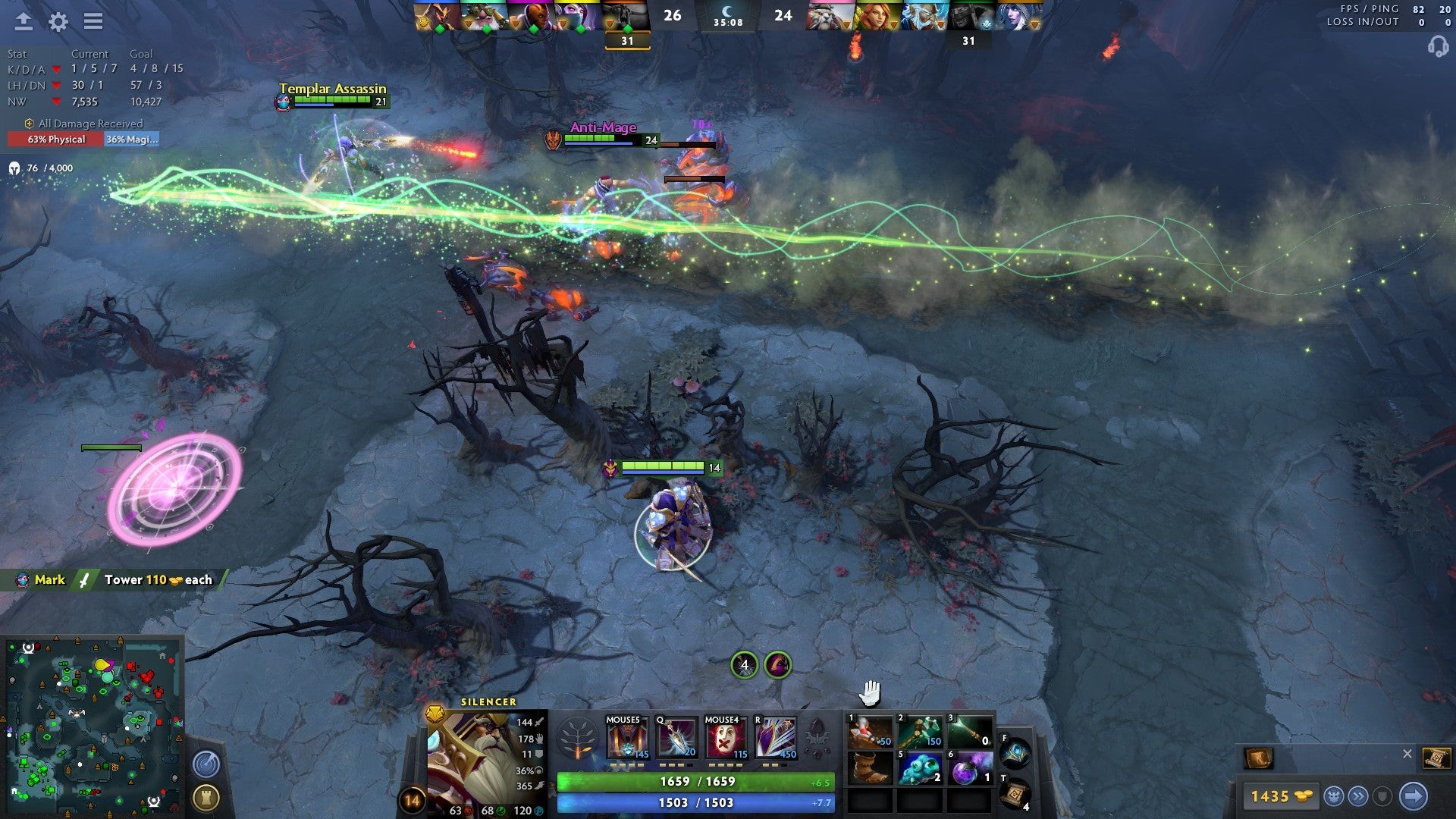 Anti-Mage và Templar Assassin bị trúng một cú Powershot với hiệu ứng thẩm mỹ đẹp mắt.
