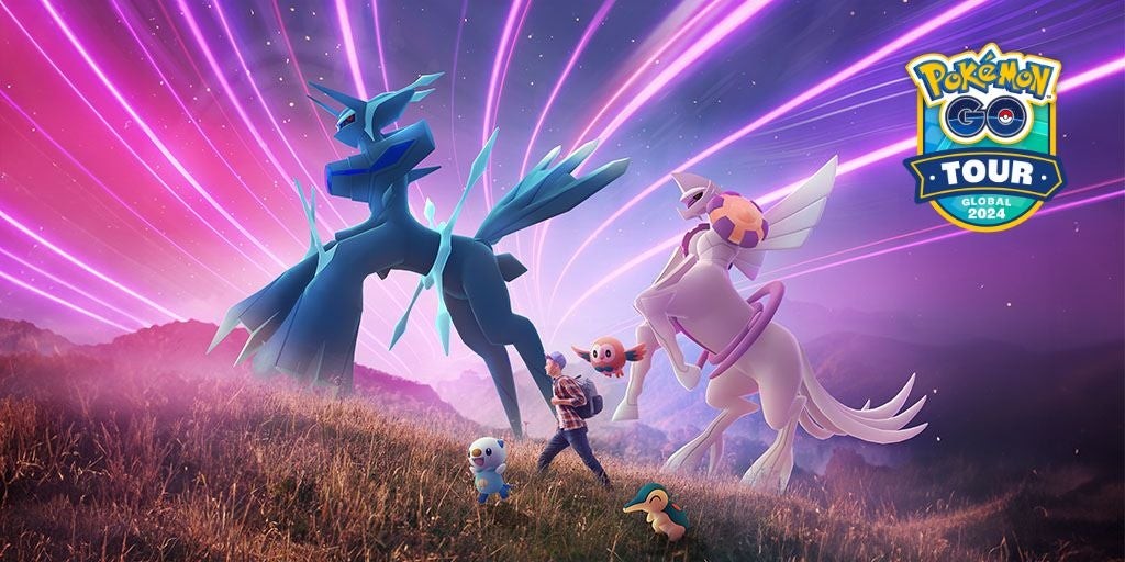 Artwork chính thức sự kiện Pokémon Go Tour Sinnoh Global với Dialga và Palkia Origin Forme liên quan đến dị thường không-thời gian