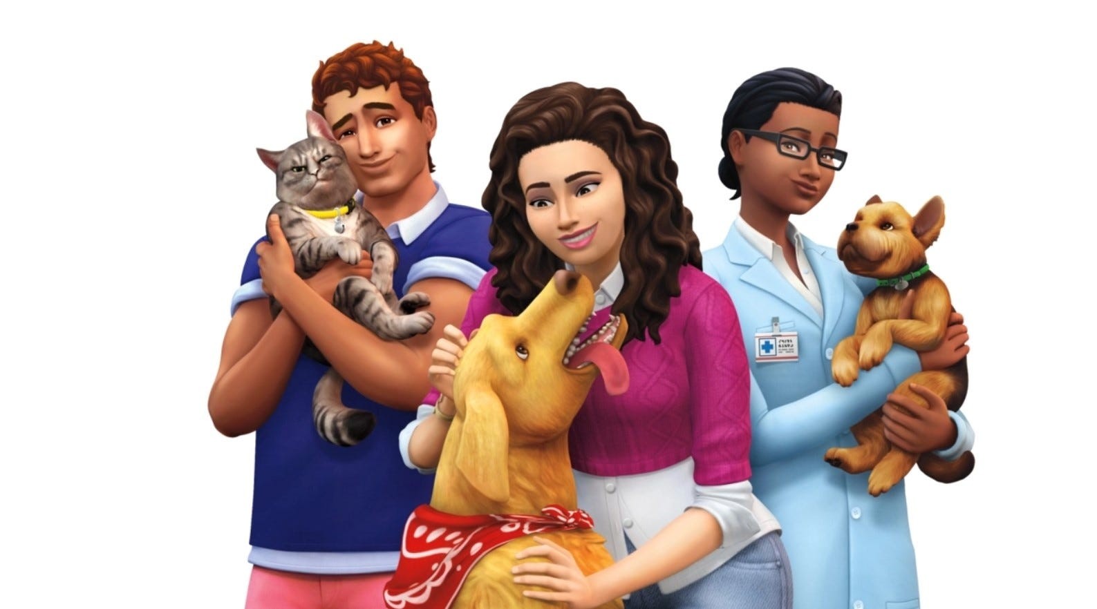 Artwork của The Sims 4 Cats and Dogs với ba Sim đang ôm thú cưng.