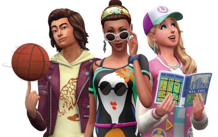 Artwork của The Sims 4 City Living với ba Sim, một người đọc sách hướng dẫn thành phố và một người xoay bóng rổ.