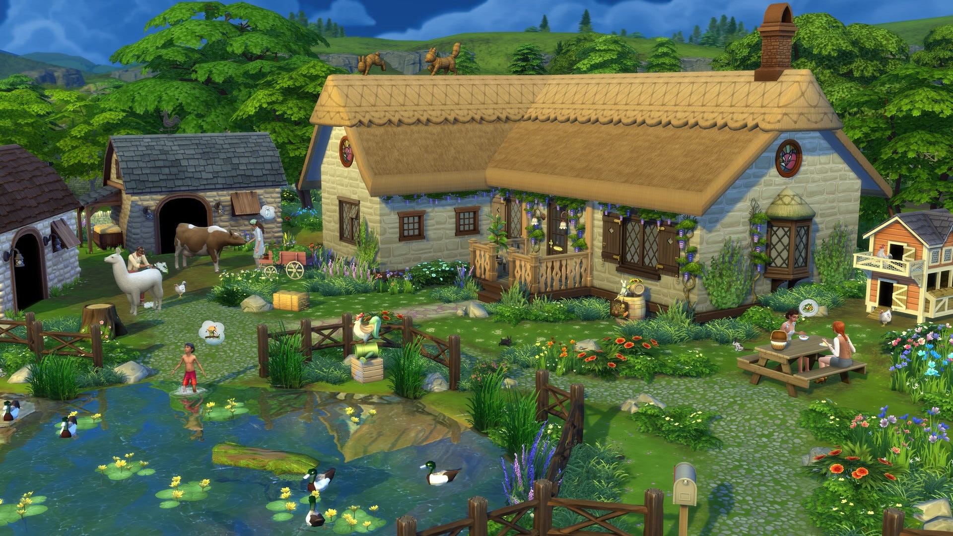 Artwork của The Sims 4 Cottage Living với một ngôi nhà tranh xinh đẹp cùng động vật và các Sim thư giãn trong vườn.