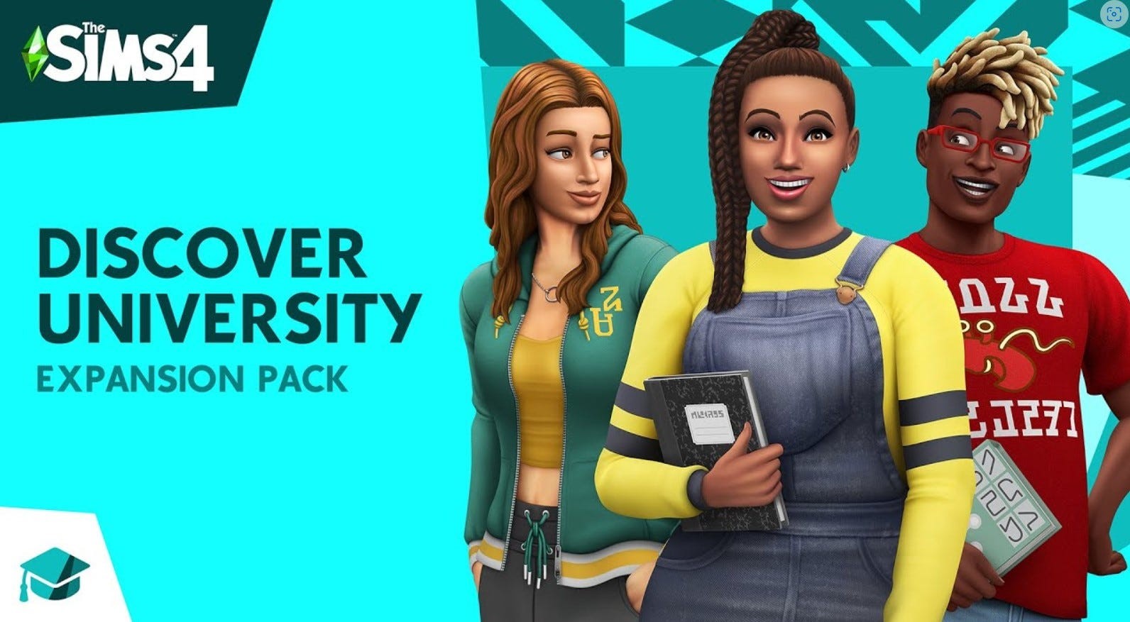 Artwork của The Sims 4 Discover University với ba Sim sinh viên.