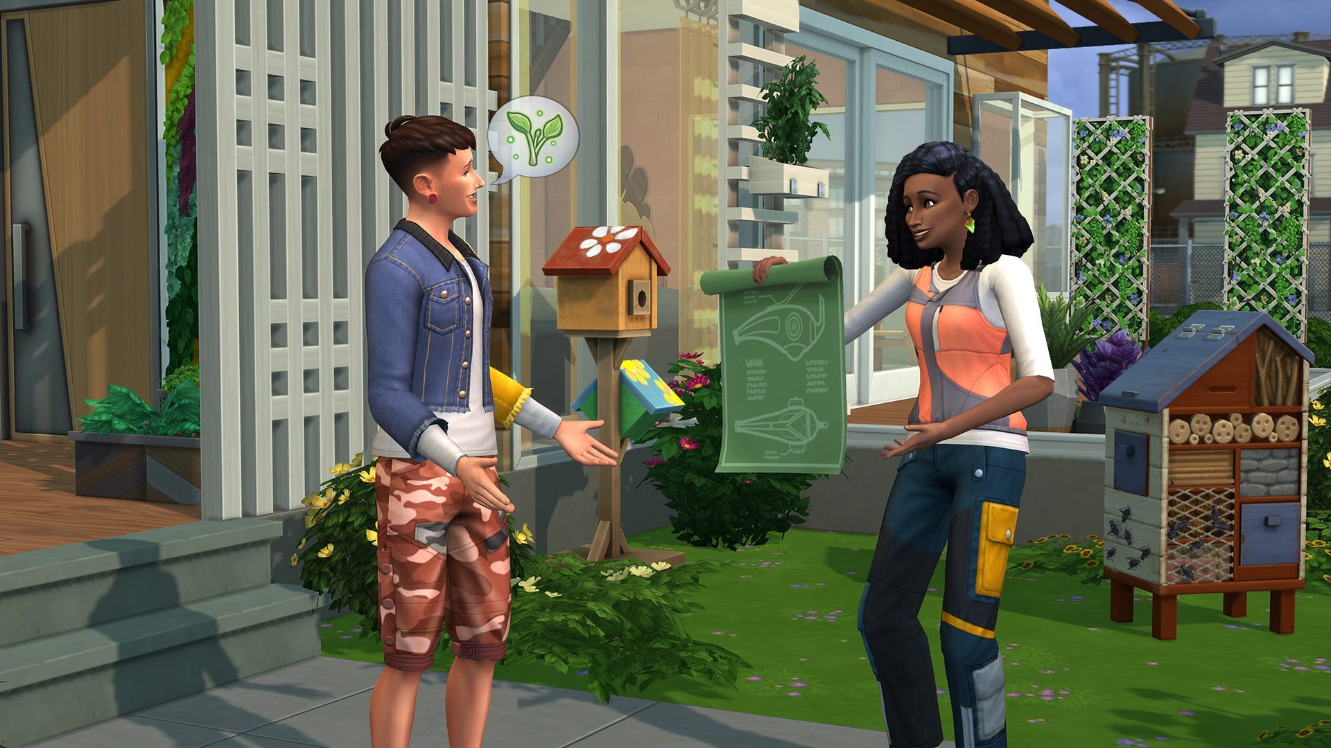 Artwork của The Sims 4 Eco Lifestyle với hai Sim đang xem bản thiết kế.