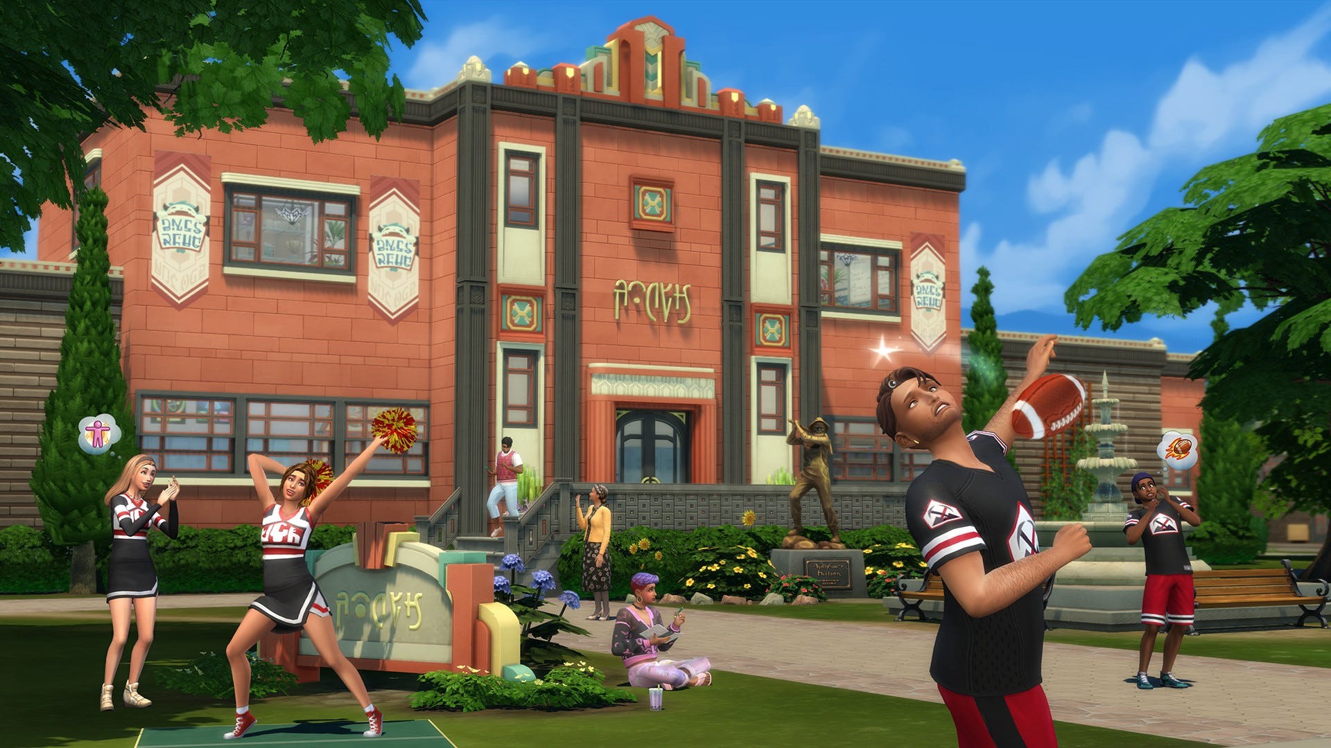 Artwork của The Sims 4 High School Years với các học sinh trung học tụ tập bên ngoài trường.