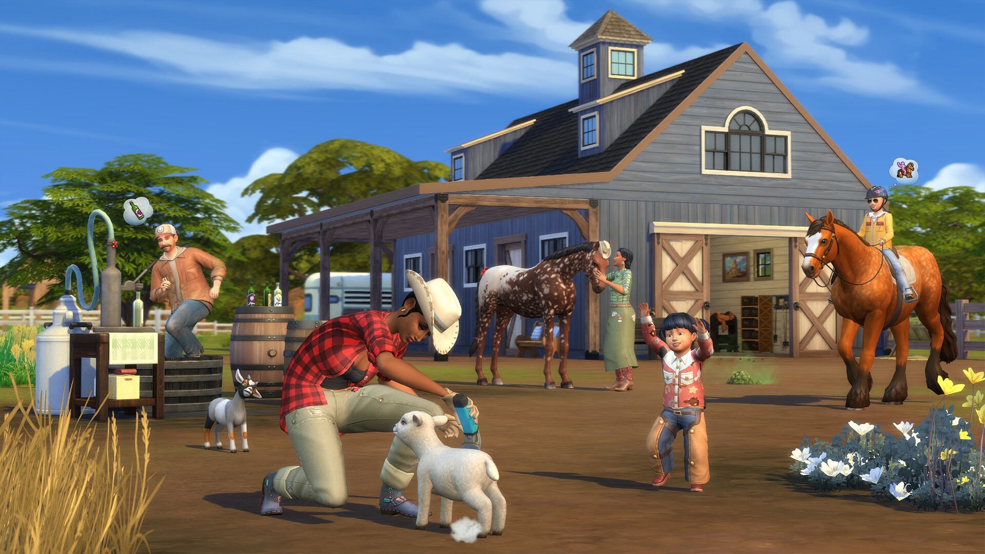 Artwork của The Sims 4 Horse Ranch với động vật trang trại và các Sim đang chơi và làm việc trong sân trang trại.