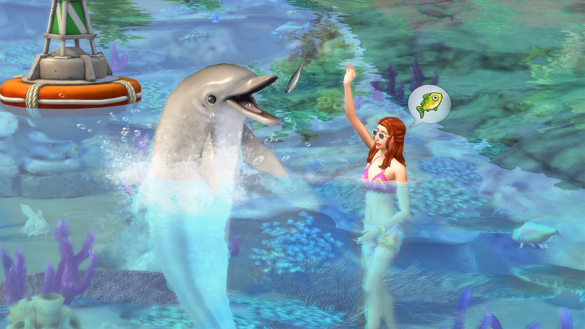 Artwork của The Sims 4 Island Living với một Sim và một chú cá heo đang bơi.