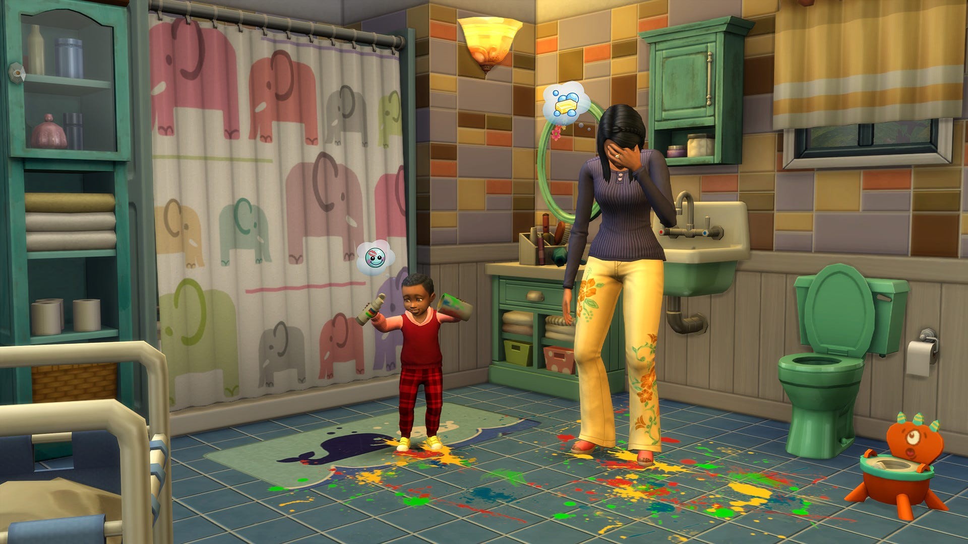 Artwork của The Sims 4 Parenthood với một Sim đang căng thẳng vì con mình nghịch màu vẽ.