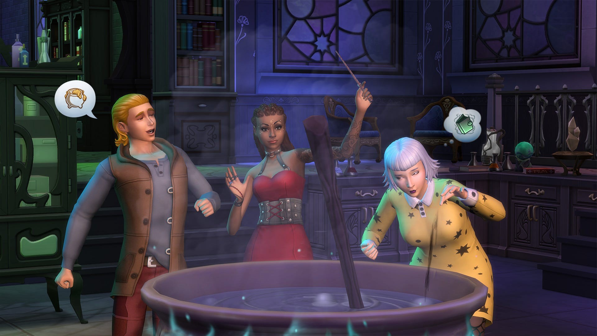 Artwork của The Sims 4 Realm of Magic với ba Sim đang sử dụng phép thuật.