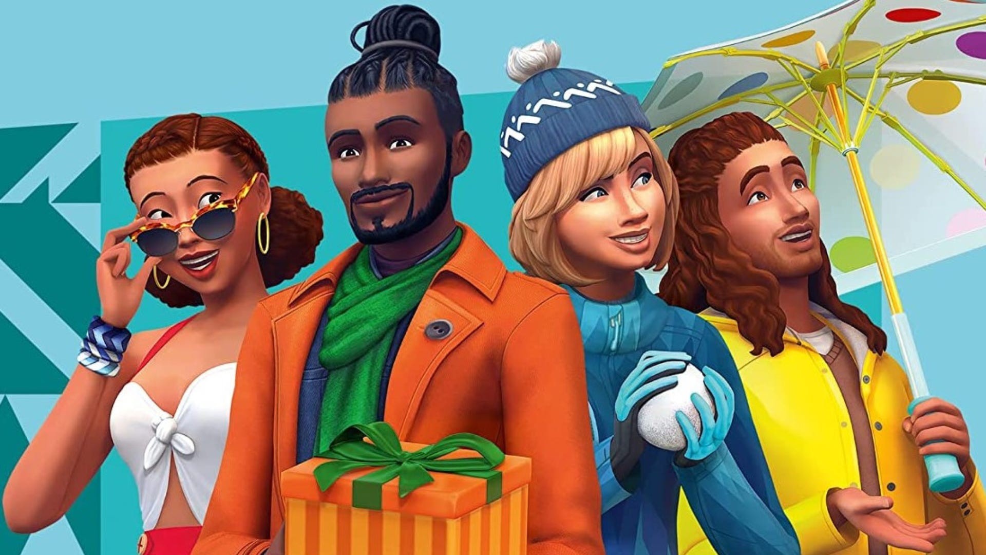 Artwork của The Sims 4 Seasons với bốn Sim, một người lăn quả cầu tuyết, một người cầm quà và một người mang ô.