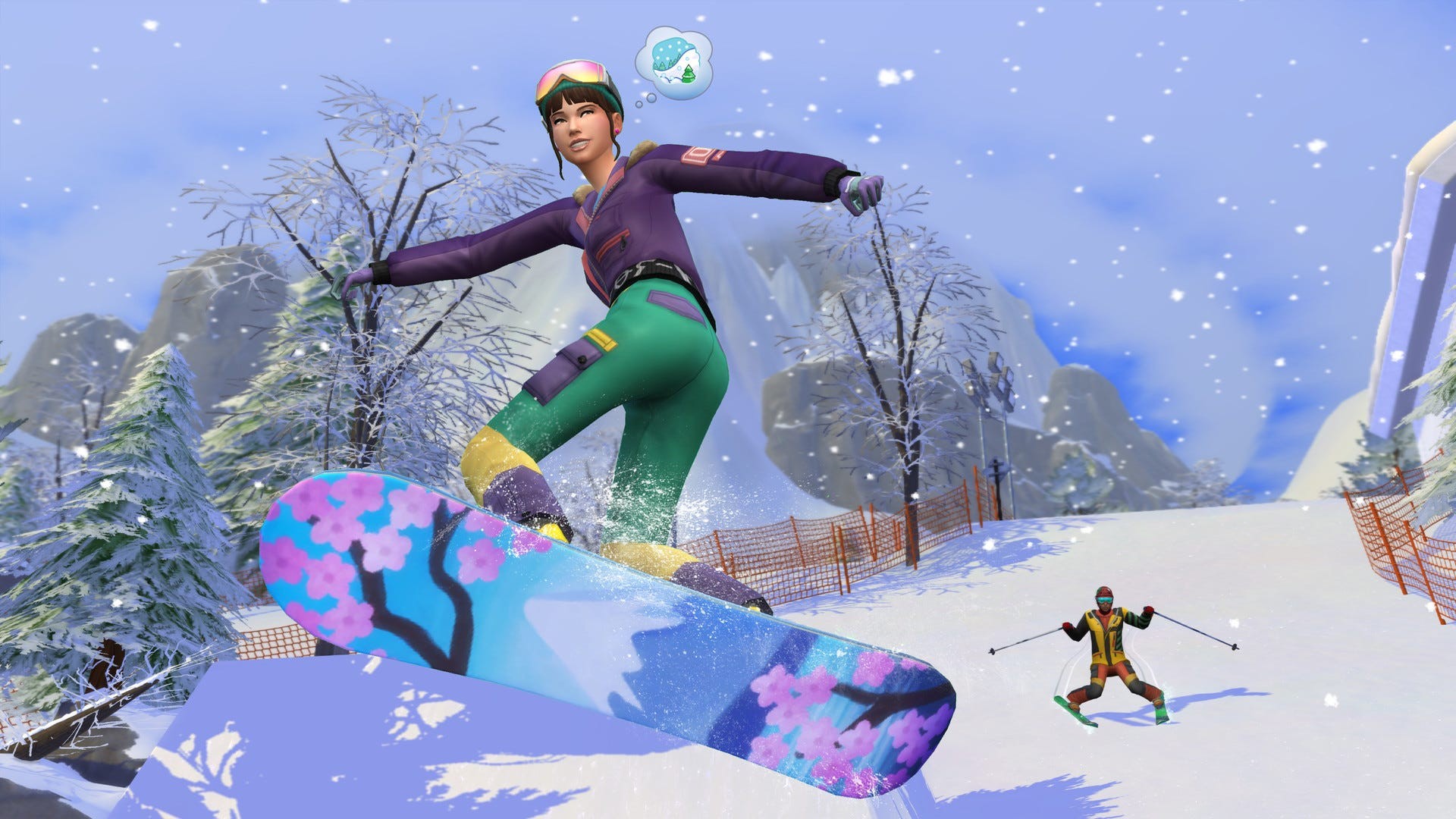 Artwork của The Sims 4 Snowy Escape với một Sim đang trượt ván tuyết.