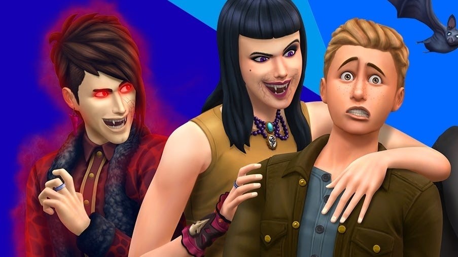 Artwork của The Sims 4 Vampires với ba Sim, hai trong số đó là ma cà rồng.