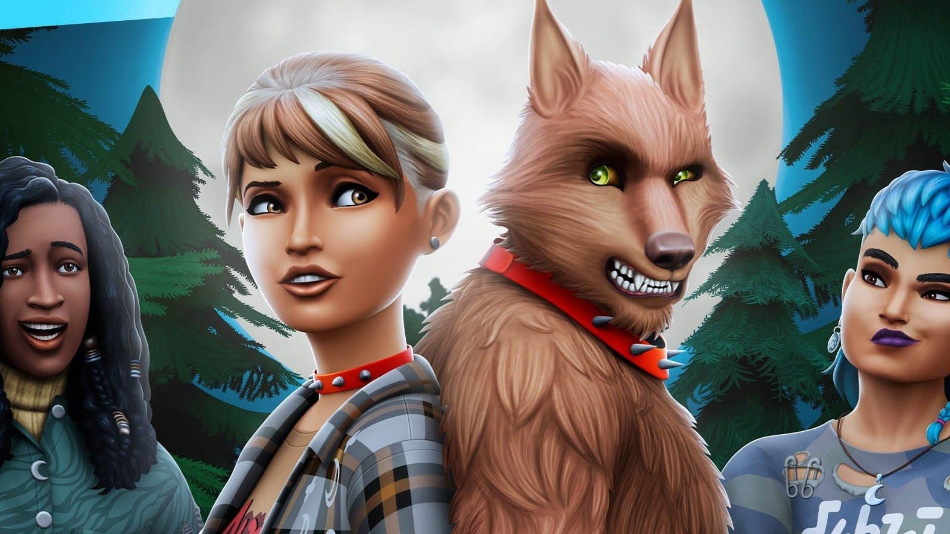 Artwork của The Sims 4 Werewolves với ba Sim và một người sói.