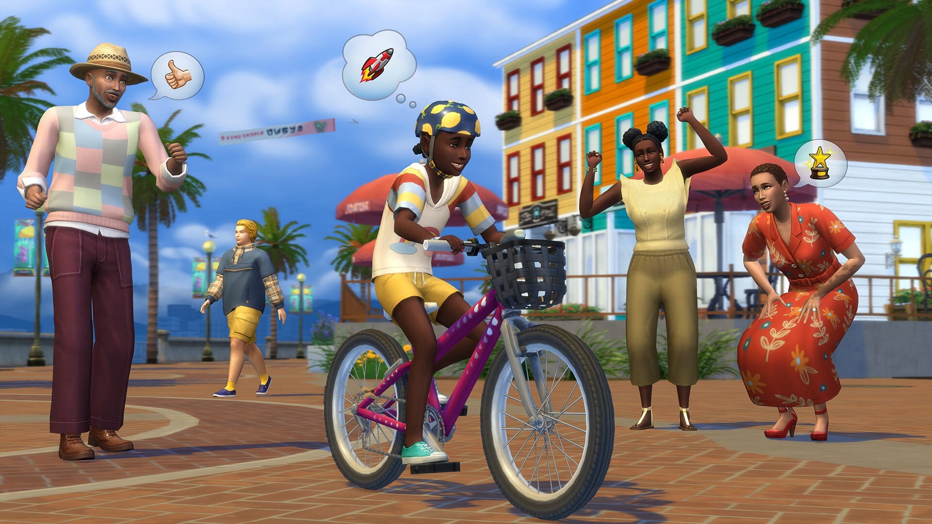 Artwork The Sims 4 Growing Together thể hiện các thế hệ trong gia đình tương tác.