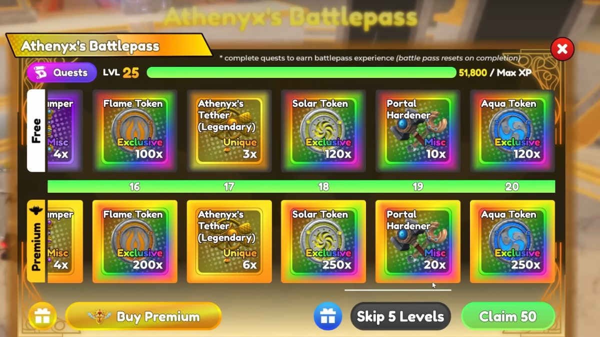 Athenyx Battlepass trong Anime Defenders cung cấp Elemental Tokens qua các bậc phần thưởng