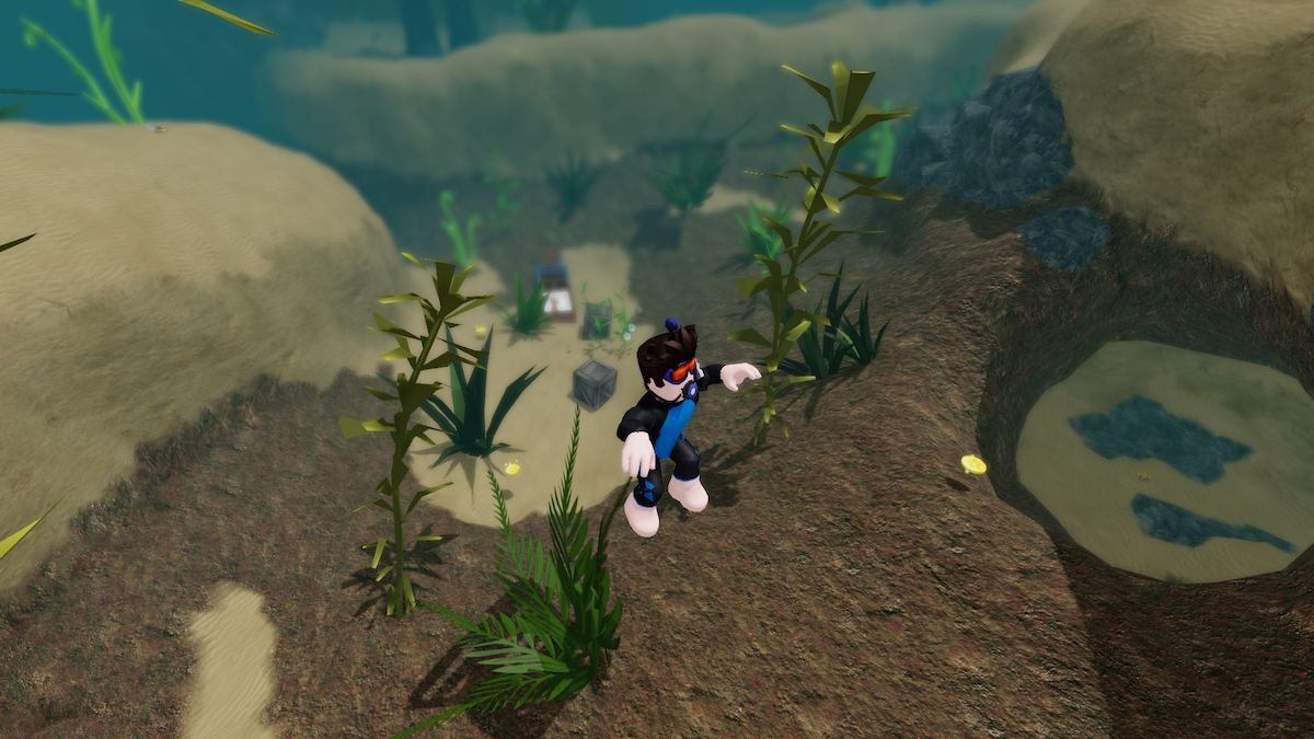 Avatar đang lặn tìm kho báu dưới nước trong Roblox Scuba Diving at Quill Lake