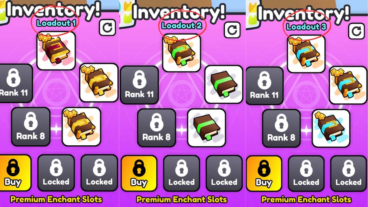Ba ví dụ về Enchantment Loadout trong Pet Simulator 99 cho farm coin, diamond và luck.