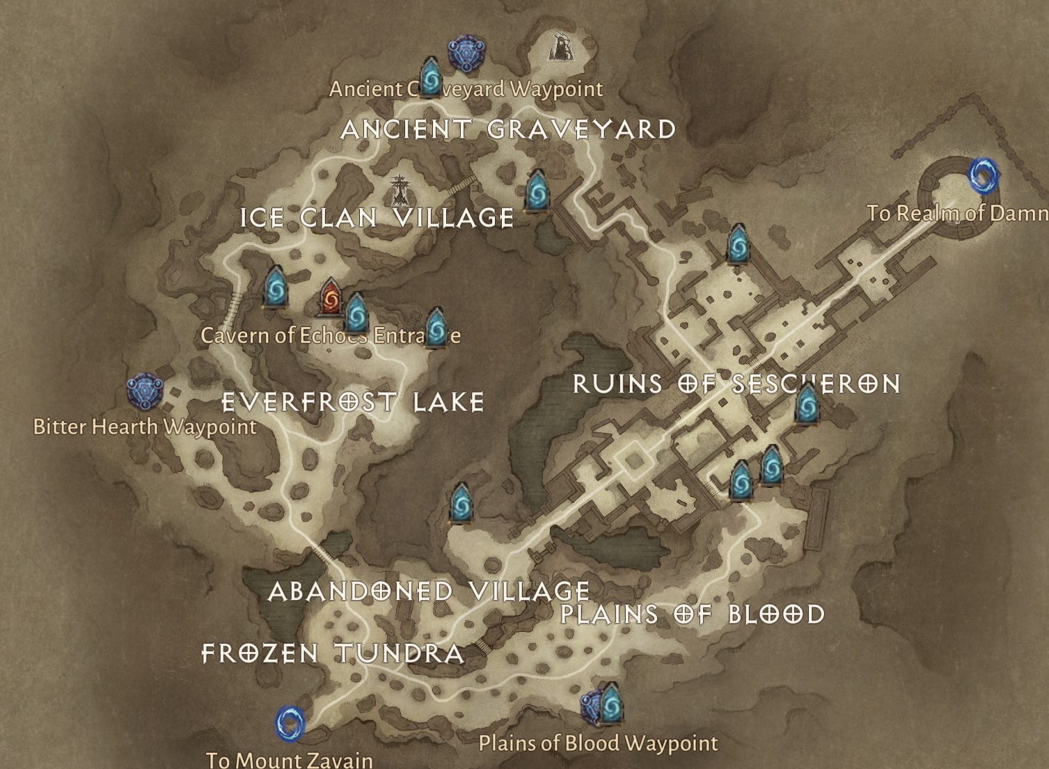 Bản đồ 11 vị trí Hidden Lair tại Frozen Tundra trong Diablo Immortal