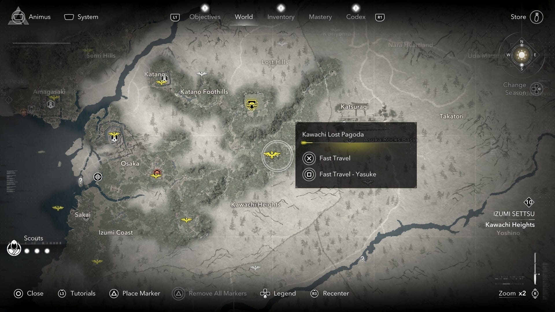 Bản đồ Assassin's Creed Shadows với điểm fast travel được chọn và tùy chọn chuyển nhân vật