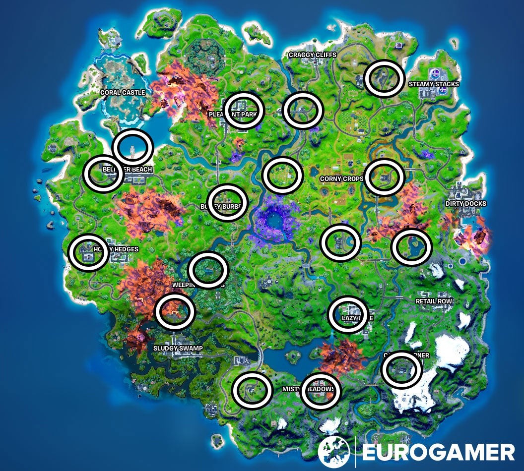 Bản đồ các vị trí có thể xuất hiện máy đá trong Fortnite