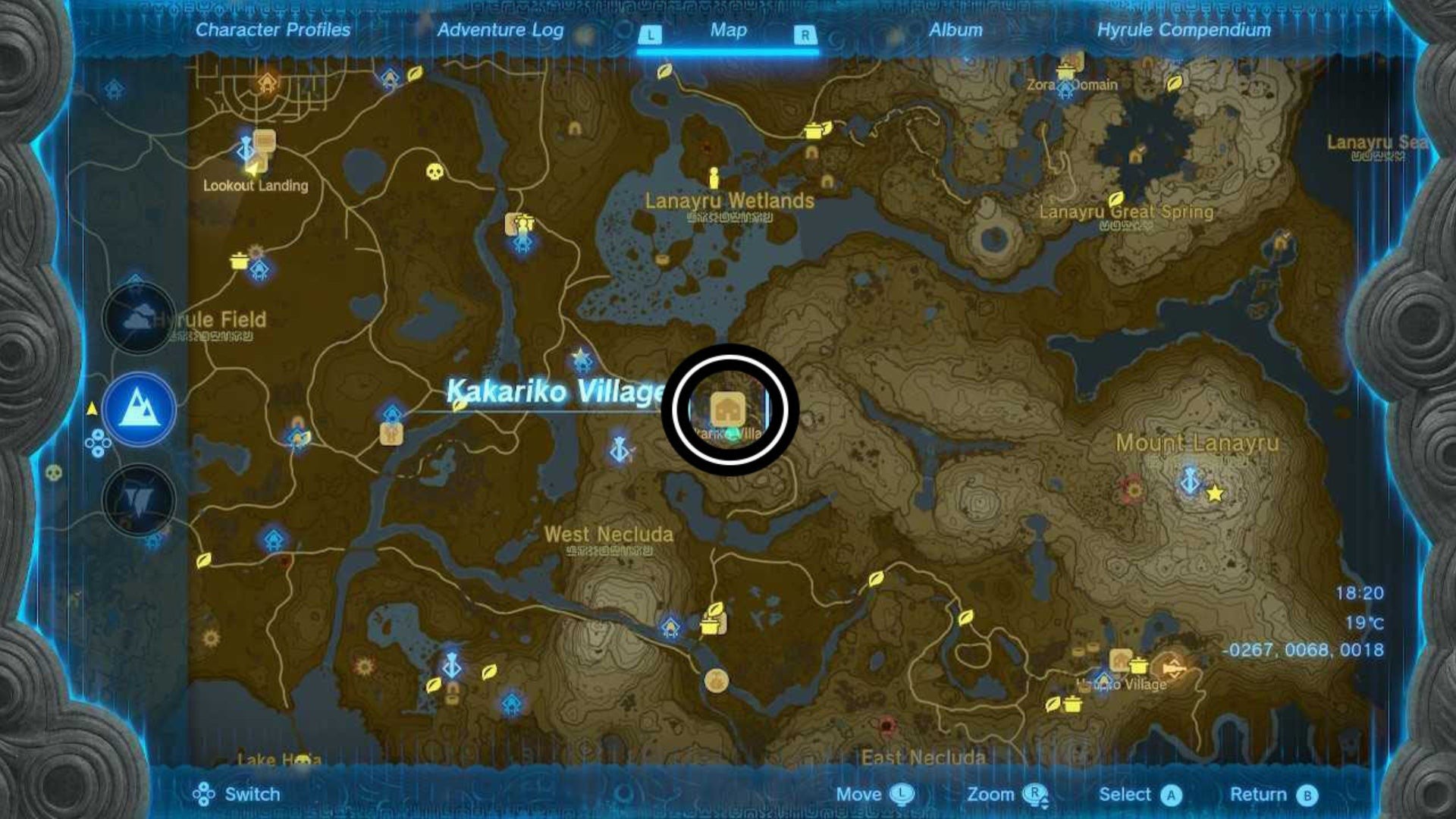 Bản đồ cận cảnh vị trí Làng Kakariko trong Zelda Tears of the Kingdom