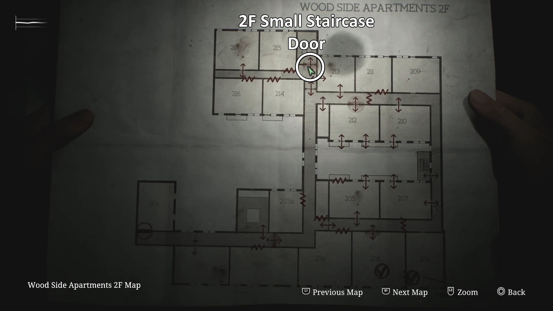 Bản đồ chỉ vị trí cửa Cầu thang nhỏ Tầng 2 (2F Small Staircase) trong Silent Hill 2