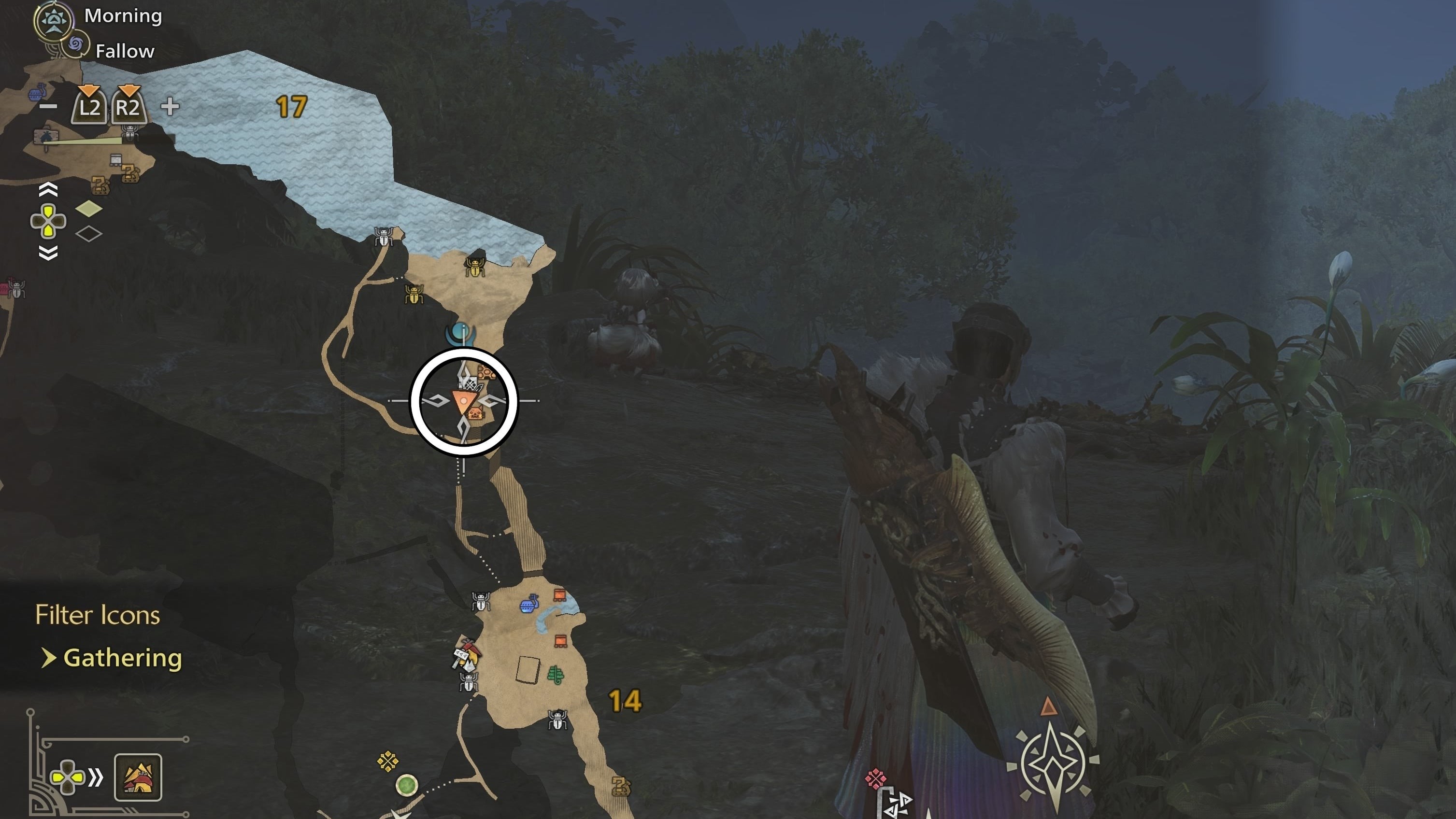 Bản đồ chỉ vị trí Hoa Dạ Quang giữa khu vực 14 và 17 Rừng Đỏ Thẫm Monster Hunter Wilds