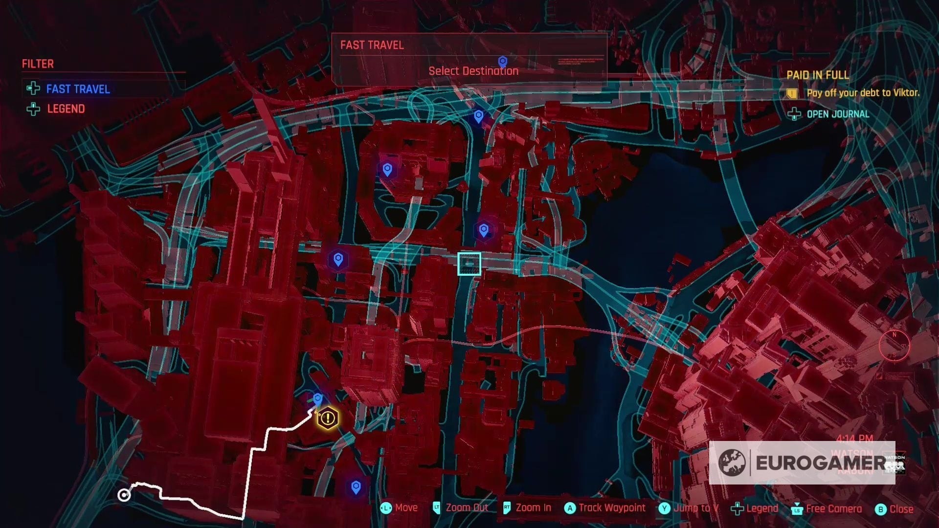 Bản đồ Cyberpunk 2077 với nhiều điểm Fast Travel đã được mở khóa tại Night City