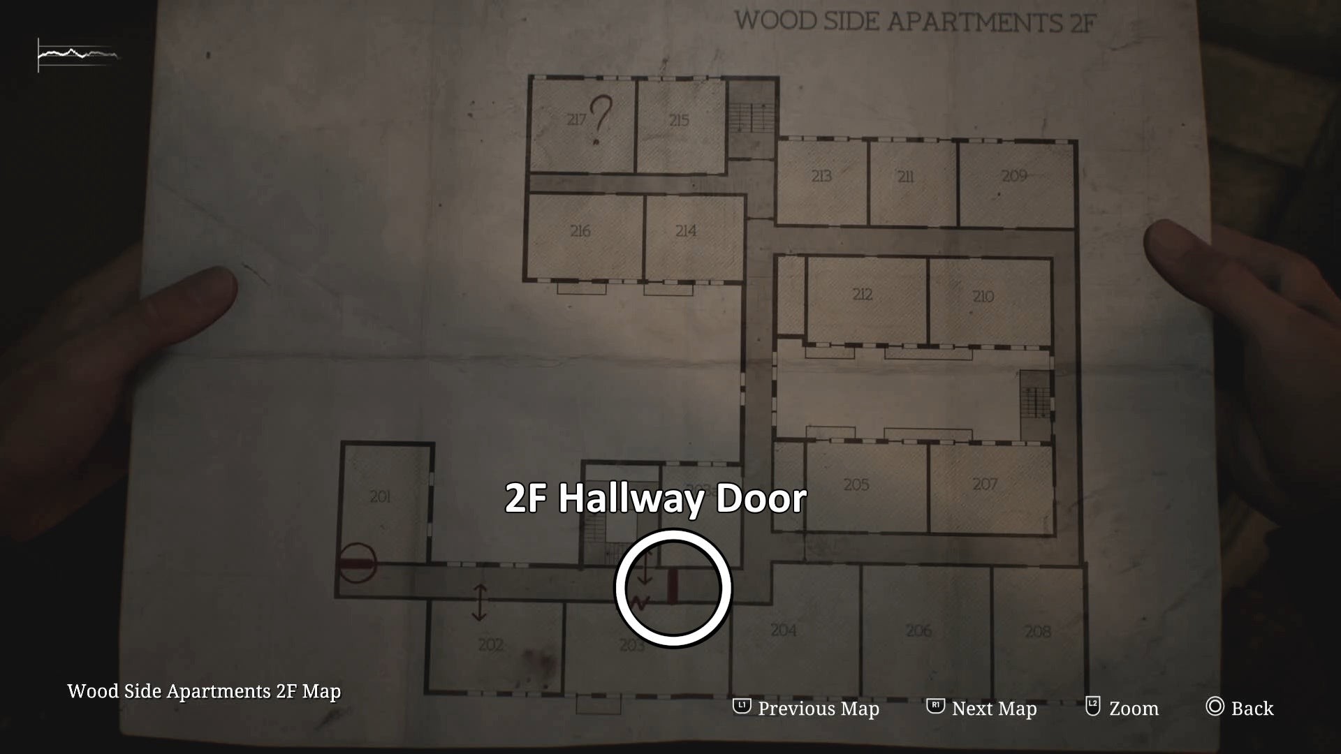 Bản đồ đánh dấu cửa vào Hành lang Tầng 2 (2F Hallway) tại Wood Side Apartments Silent Hill 2
