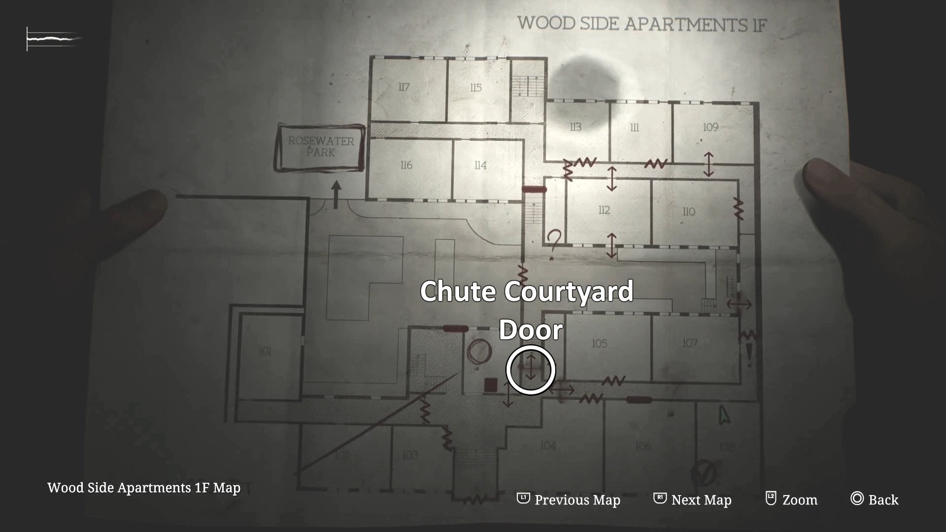 Bản đồ đánh dấu vị trí cửa vào Sân trong có máng trượt tại Wood Side Apartments Silent Hill 2