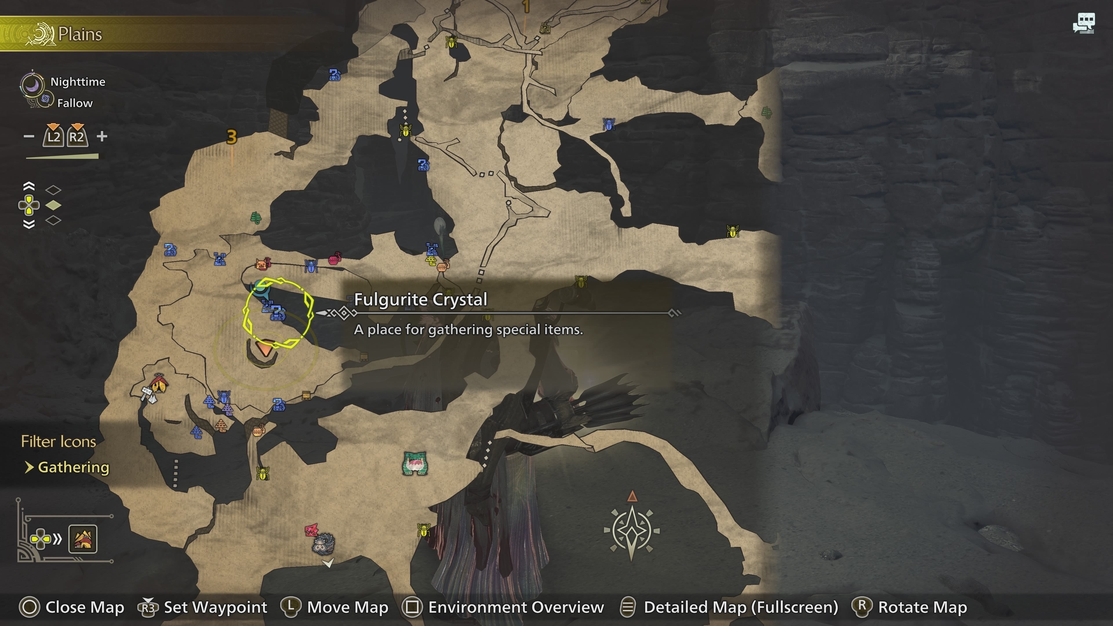 Bản đồ đánh dấu vị trí tinh thể Fulgurite gần Hoa Dạ Quang khu vực 3 Monster Hunter Wilds