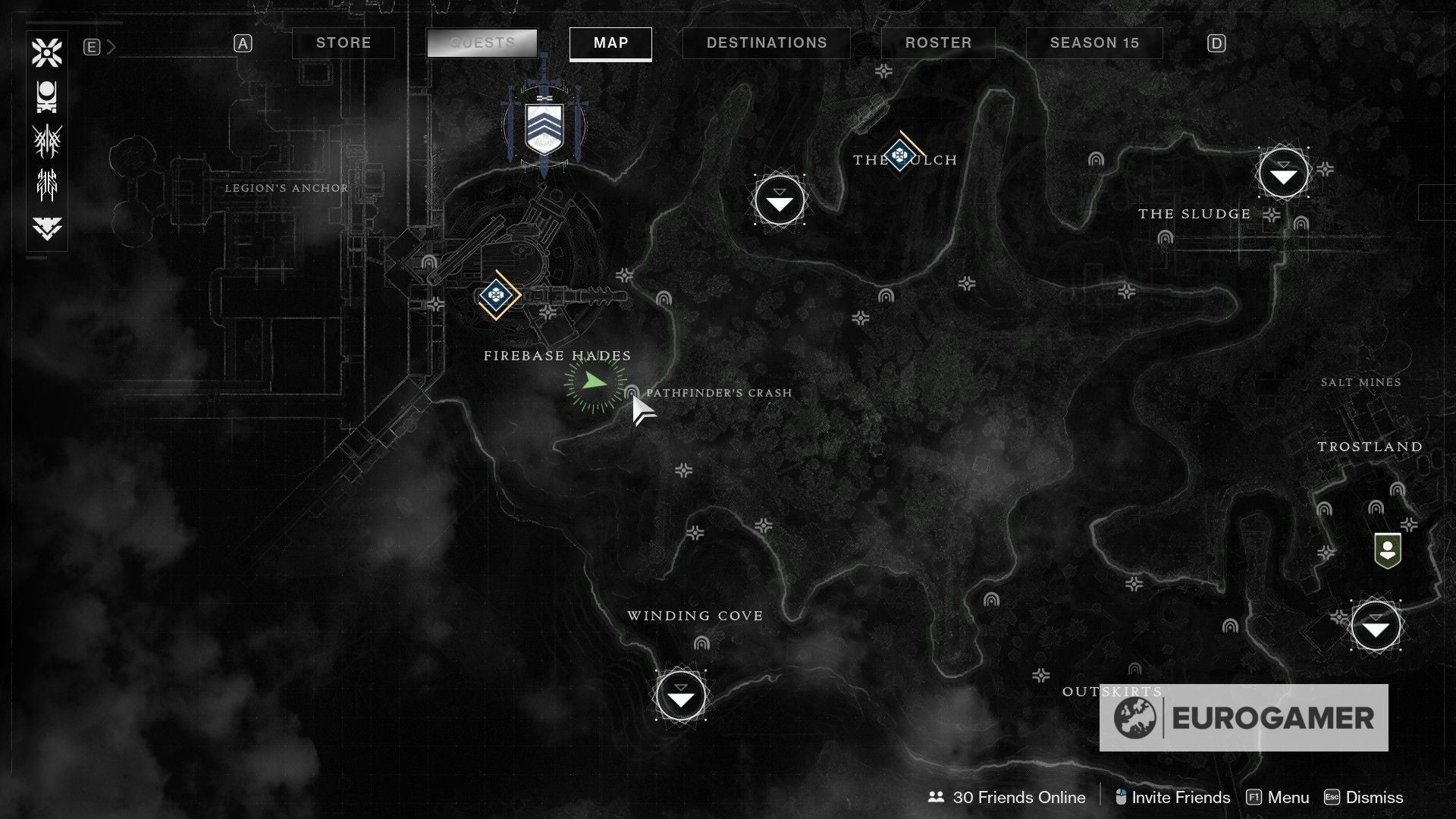 Bản đồ Firebase Hades trong Destiny 2 đánh dấu vị trí Lost Sector Pathfinder's Crash