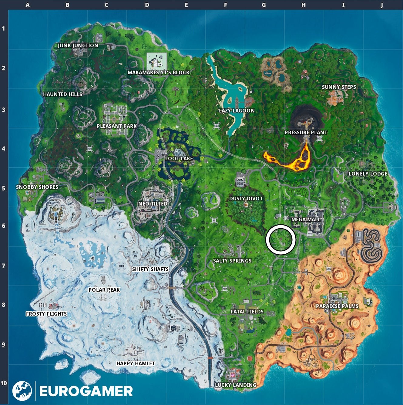 Bản đồ Fortnite chỉ vị trí Cúp Cá Nhảy Múa khổng lồ gần Mega Mall