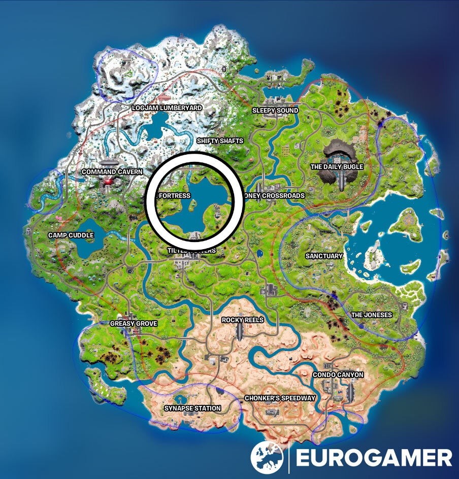 Bản đồ Fortnite chỉ vị trí hồ nước gần The Fortress, địa điểm lý tưởng để câu Cá Nhiệt