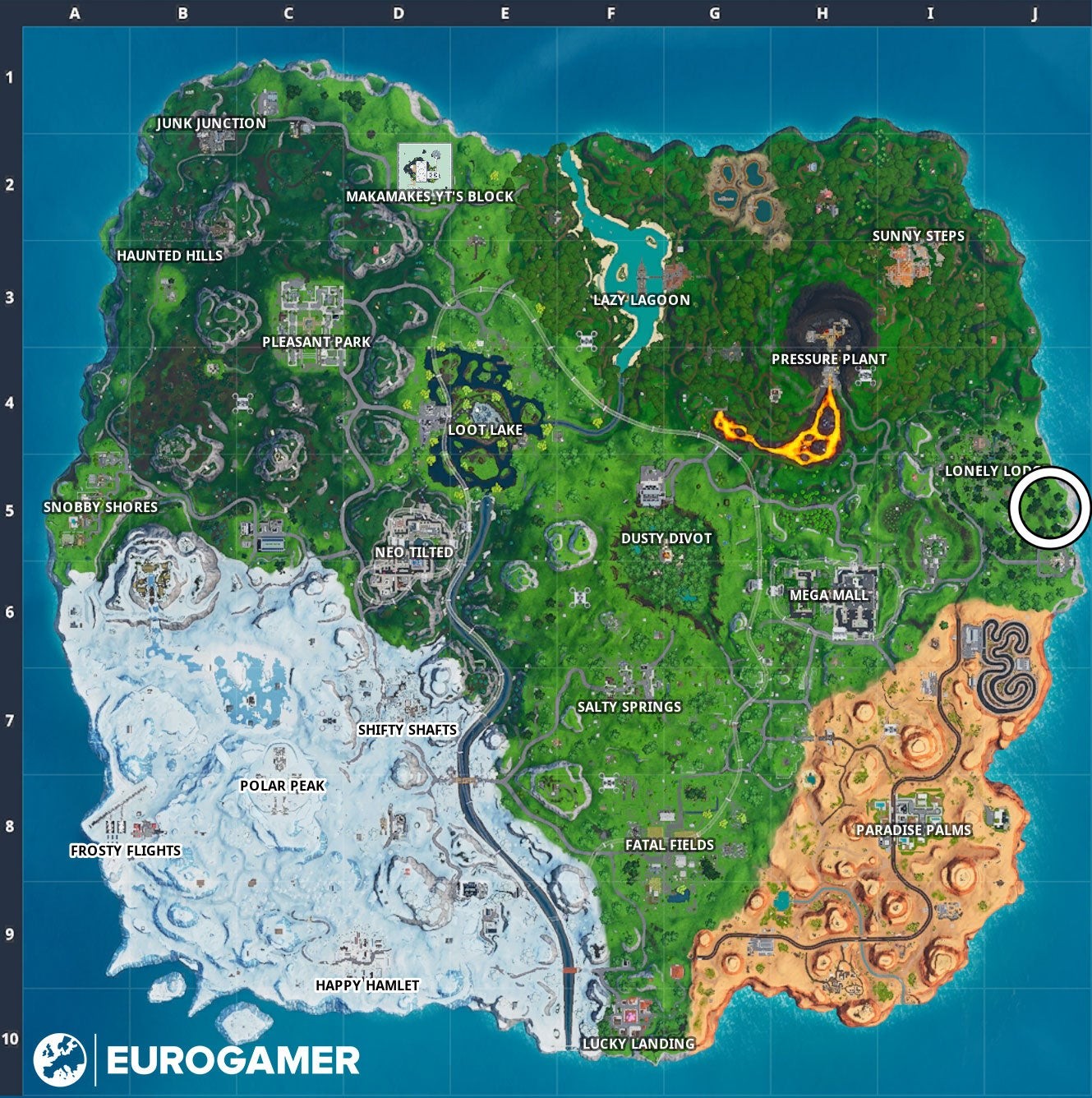 Bản đồ Fortnite chỉ vị trí Piano lớn gần Lonely Lodge